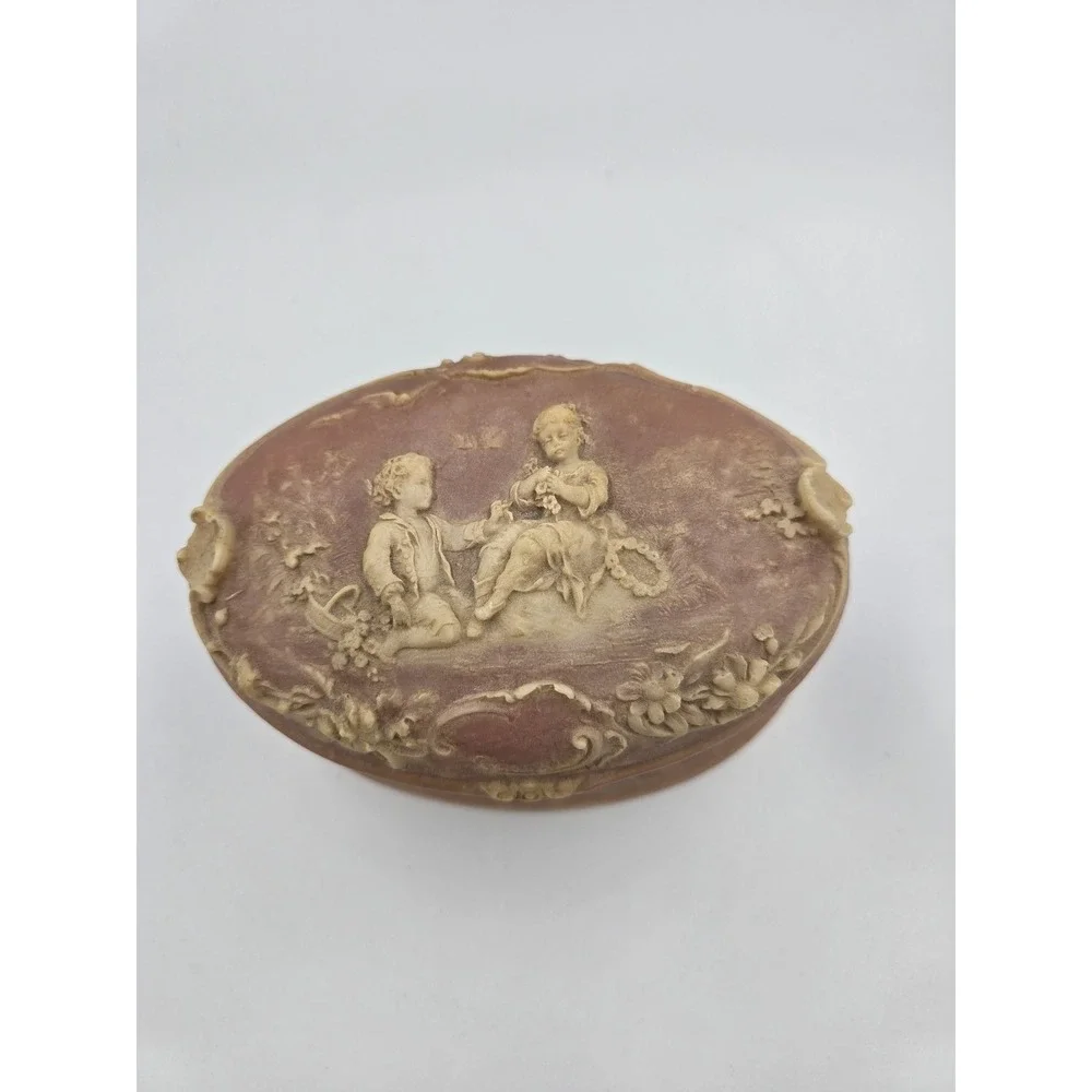 Vintage Incolay Stone Pink Box Victorian Scene Handcrafted USA Jewelry Floral